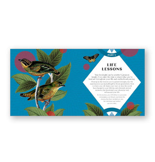 Page spread from 100 Questions for Mom features a section with blurb titled, "Life Lessons" enhanced by full-color bird, branches, and butterfly illustrations on a blue background