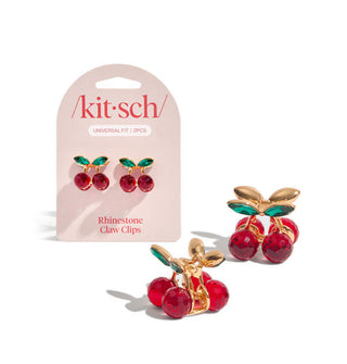 Set of two rhinestone cherry claw clips on light pink Kitsch product card and enlarged at right