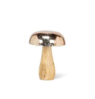 Mushroom-shaped figurine with a wooden base and a shiny metallic cap
