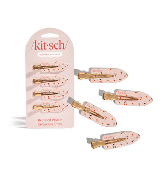 Pack of four light pink cherry print Recycled Plastic Creaseless Clips by Kitsch are shown on product card as well as loose and enlarged at right of it
