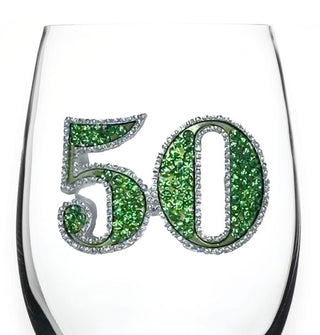 Clear wine glass features a completely rhinestone-encrusted green and silver "50" on its bowl