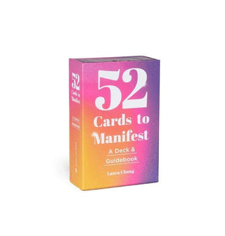 Box of 52 Cards to Manifest: A Deck & Guidebook set by Laura Chung features an orange, pink, and purple ombré coloration with white text