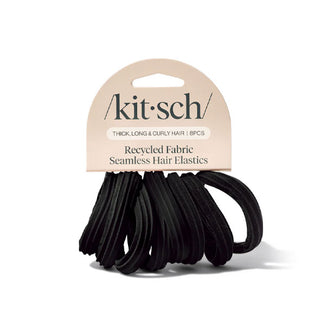Pack of eight crinkle-effect black Recycled Fabric Seamless Hair Elastics on beige-pink Kitsch product card