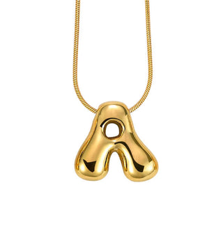 Gold bubble letter "A" pendant on gold cable chain