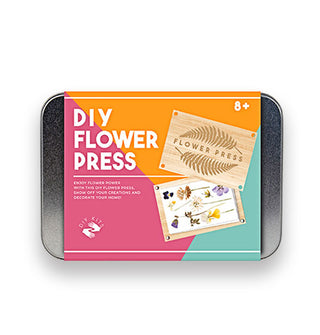 DIY Flower Press kit with tin box wrapped in a colorful label