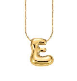 Gold bubble letter "E" pendant on gold cable chain