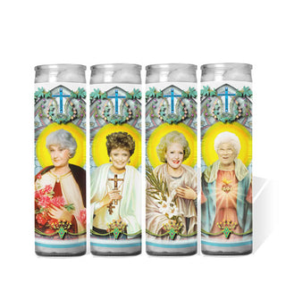 Four tall glass prayer candles with label illustrations depicting Golden Girls characters Dorothy Zbornak, Blanche Devereaux, Rose Nylund, and Sophia Petrillo as saints