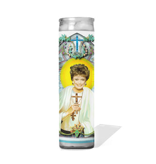 Tall glass prayer candle with label illustration depicting Golden Girls character Blanche Devereaux as a saint