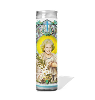 Tall glass prayer candle with label illustration depicting Golden Girls character Rose Nylund as a saint