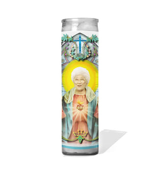 Tall glass prayer candle with label illustration depicting Golden Girls character Sophia Petrillo as a saint