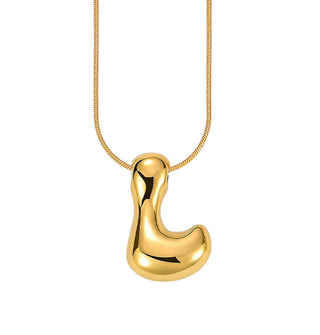 Gold bubble letter "L" pendant on gold cable chain