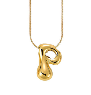 Gold bubble letter "P" pendant on gold cable chain