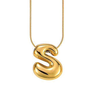 Gold bubble letter "S" pendant on gold cable chain
