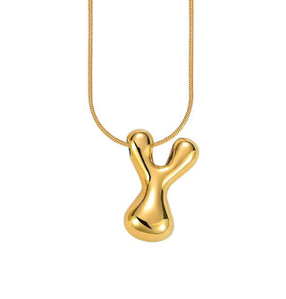 Gold bubble letter "Y" pendant on gold cable chain