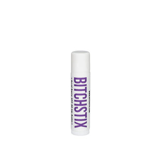 White tube of Bitchstix lip balm with large purple lettering