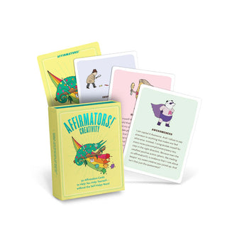Lime green box of Affirmators! Creativity cards with four fanned-out sample cards from the deck placed behind it