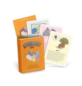 Orange box of Affirmators! Family cards with four fanned-out sample cards behind it