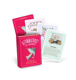 Pink box of Affirmators! Love & Relationships cards with four fanned-out sample cards behind it