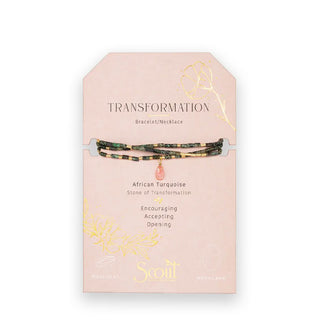 African Turquoise beaded Transformation Bracelet/Necklace with central teardrop stone wrapped three times around a gold foil detailed product card