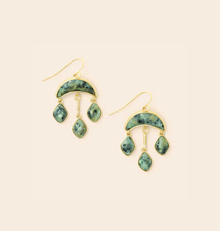 Dangle earrings with three rounded diamond-shaped mottled green African turquoise stones attached to an upper cresent-shaped African turquoise stone on gold hardware