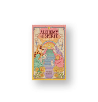 Alchemy of the Spirit Oracle Deck box features illustration of a staircase flanked by clouds pierced with swords, wild animals, flowers, and other figures rising up to the sky where a rainbow and crescent moon reside
