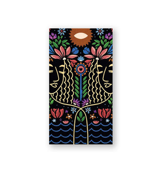 Rectangular black card features intricate, colorful illustrations of two figures facing one another surrounded by flowers and water
