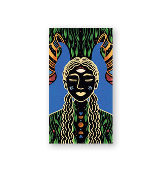 Rectangular card features a figure with long hair and eyes closed surrounded by vines and two urns pouring blue water over them among other mystical symbols