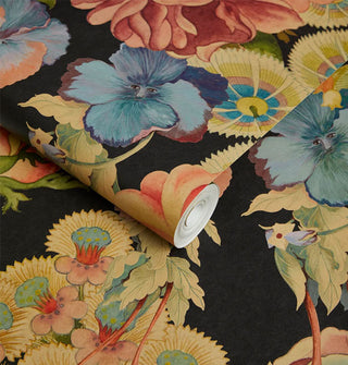 Roll and sample of elegant, colorful floral wallpaper with black background