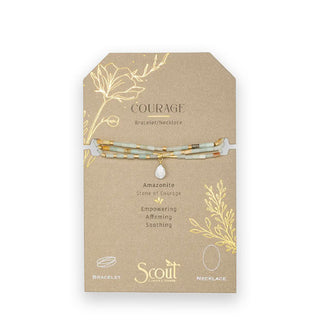 Amazonite beaded Courage Bracelet/Necklace with central teardrop stone wrapped three times around a gold foil detailed product card