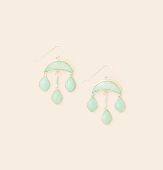 Dangle earrings with three rounded diamond-shaped light green amazonite stones attached to an upper cresent-shaped amazonite stone on silver hardware