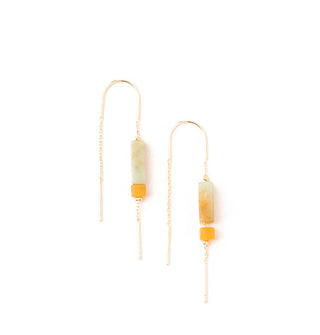 Pair of threader earrings with square and rectangular amazonite stones on gold chain