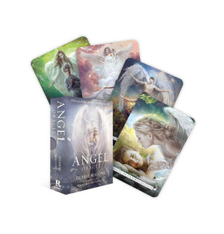 Angel Oracle deck box and four-card sample spread feature illustrations of winged angelic beings