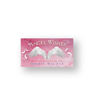 Rectangular pink box of Angel Wishes cards by Debbie Malone features illustration of a pair of white wings flanked by several fluttering white feathers