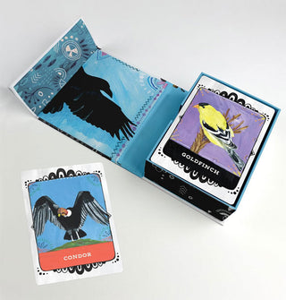 Opened Birds Animal Allies oracle card deck box with the Goldfinch card on top and the Condor card set to the side