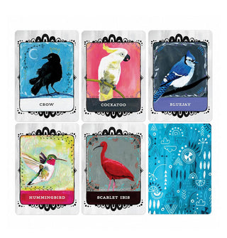 Spread of six Birds Animal Allies oracle cards: Crow, Cockatoo, Bluejay, Hummingbird, Scarlet Ibis, and a blue card back with abstract white and black patterning