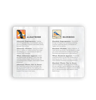 Page spread from the Birds Animal Allies oracle card deck features sections on the Albatross and Bluebird