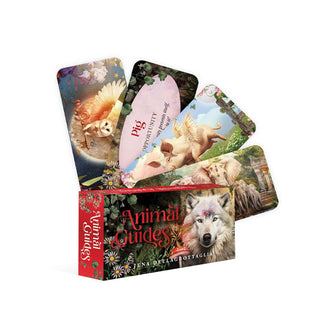 Animal Guides deck box and four-card sample spread featuring an owl, pig, and elephant; a wolf is pictured on the box front