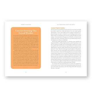 Page spread from Animal Intuition features a section titled, "Exercise: Ferreting Out Animal Wisdom" in an orange text block