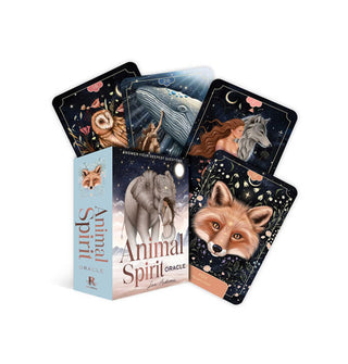 Box and four-card spread from the Animal Spirit Oracle deck features vibrant illustrations of fauna and humans