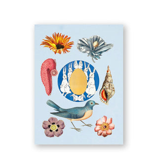 Page from The Antiquarian Sticker Book features designs of flowers, birds, rabbits, and marine objects
