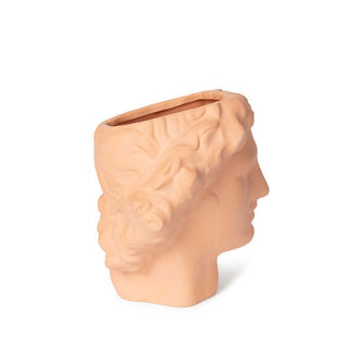 Side view of terracotta-colored ceramic Apollo head planter
