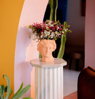 Terracotta Apollo head planter/vase holding a lush arrangement of blooms atop a white pillar pedestal