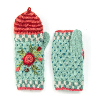 Pair of convertible mittens feature colorful jacquard knit in a predominantly mint and red color palette with raised floral embroidery accents