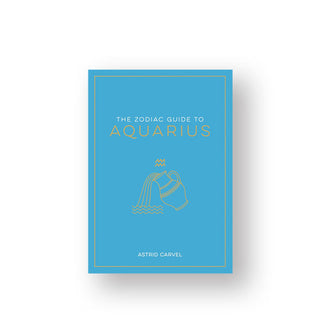 Blue cover of The Zodiac Guide to Aquarius by Astrid Carvel features white and gold lettering and a central illustration of a pitcher pouring out water