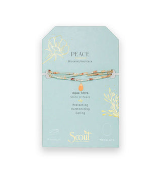 Aqua Terra beaded Peace Bracelet/Necklace with central teardrop stone wrapped three times around a gold foil detailed product card