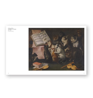 Page spread from Art Cat features a 1700 Flemish work in which a group of cats appear to sing from a mouse-themed songbook