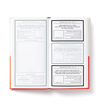 Page spread from A Trillion Clichés Every Dad Will Do features "Mandatory" clichés with checkboxes and space to write or sketch 