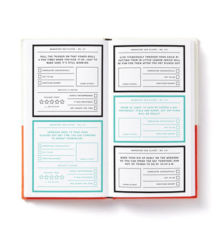 Page spread from A Trillion Clichés Every Dad Will Do features "Mandatory" clichés with checkboxes and space for witness signatures