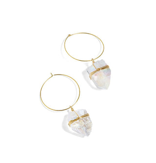 Rough-cut clear crystal points are wrapped in gold wire and attached to gold earring hoops