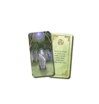 Sample card from the Avalon Magic deck features an illustration of a white owl atop a boulder in the middle of a forest clearing under the moonlight with the caption, "Never be afraid to voice your truth, as truth comes from a deep place within your soul."